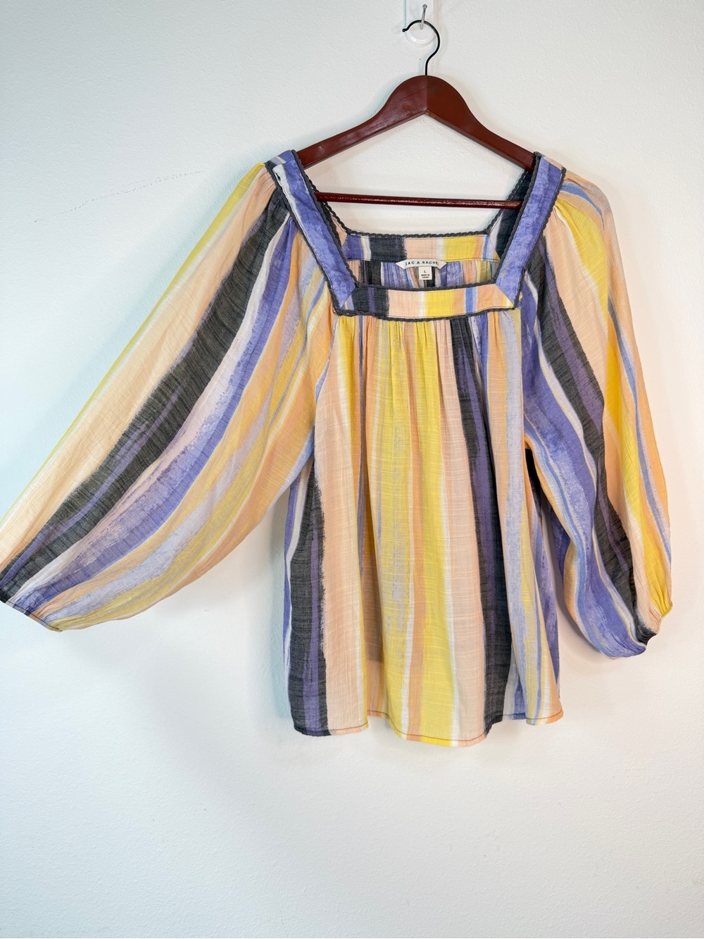 Zac & Rachel Boho Colorful Striped Balloon Sleeve Peasant Top Women Large Pastel